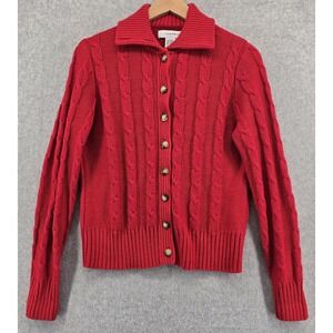 Vtg Sag Harbor Womens L Red Cardigan Long Sleeve Button Up Cable Knit Collar Y2K